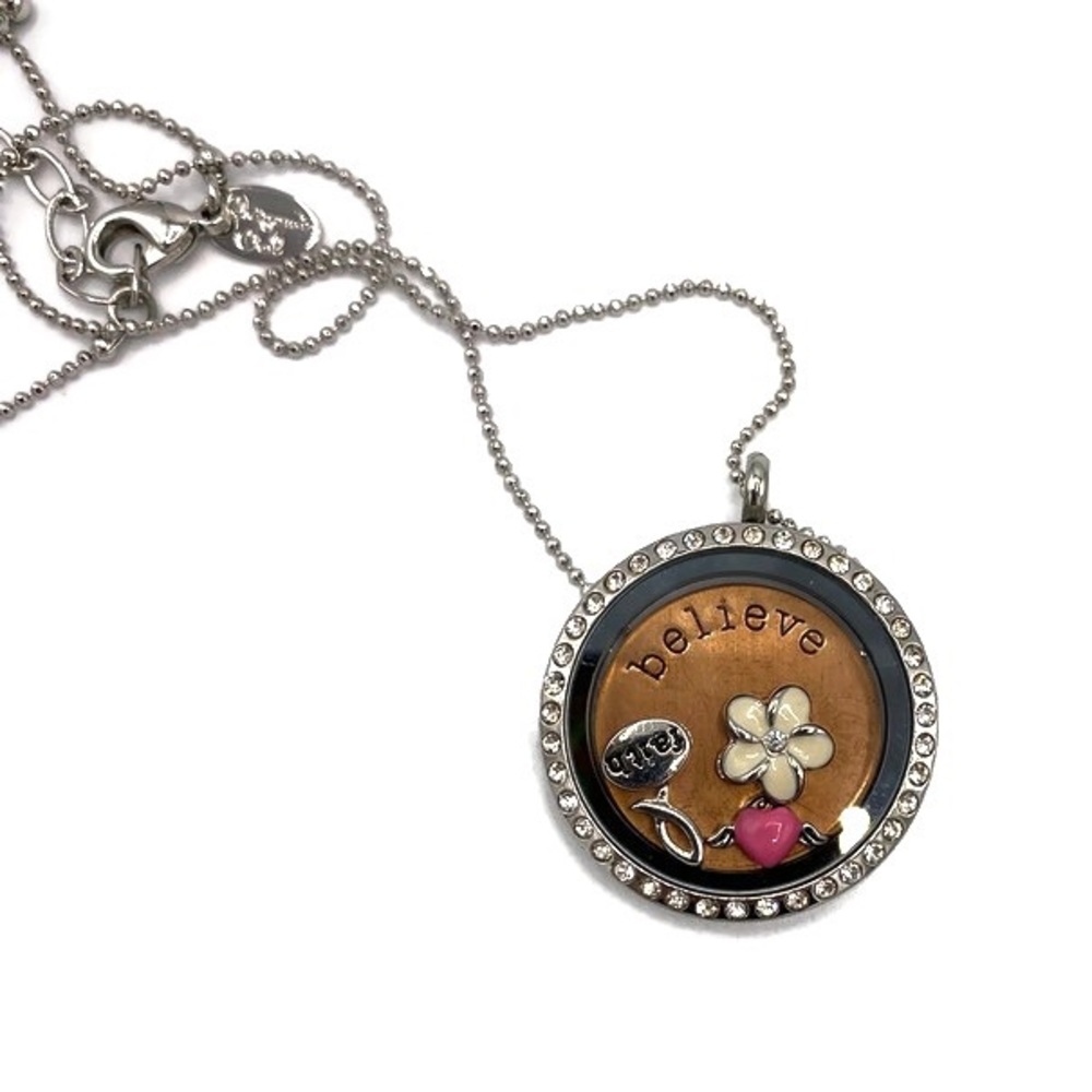 Origami Owl Round Crystal Locket & Charms Believe Faith Flower Heart Necklace